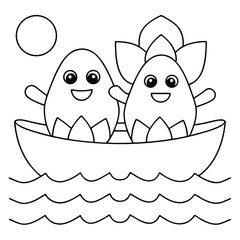 Two smiling egg characters sailing on a boat with a sun and waves vector