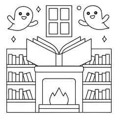 Two happy ghosts floating near a window above a fireplace with bookshelves and an open book vector