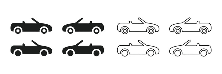 Convertible Car Icons: Solid, Outline, Black and White, Simple Design, Transportation Graphics Vector.