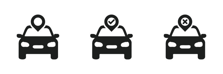 Car Location Icons:  GPS Tracking, Confirmation, Rejection; Simple Black Vector Graphics.