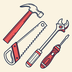 Collection of essential hand tools including a hammer saw wrench and screwdriver in a stylized drawing