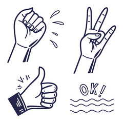 Collection of hand gestures including a fist peace sign thumbs up and ok symbol with wavy lines