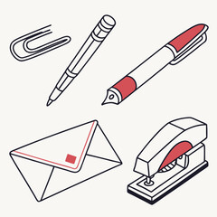 Naklejka premium Collection of isometric office supplies including a paperclip pen fountain pen envelope and stapler