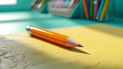 Sharp orange pencil resting on textured yellow surface with blurred colorful pencils in background image