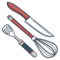 Collection of three kitchen utensils including a knife slotted spatula and whisk with red and blue handles