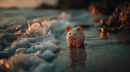 Piggy Bank at Sunset Beach Saving Dreams by the Sea with Financial Hope.