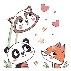 Cute cartoon raccoon panda and fox friends looking up with hearts and stars