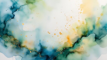 Abstract watercolor painting with turquoise and gold accents for creative backgrounds