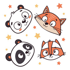 Cute cartoon panda and fox faces with stars in a playful and whimsical illustration