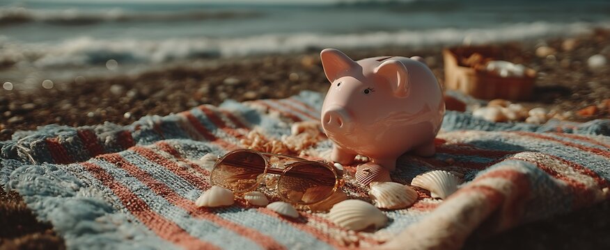 Piggy Bank by the Sea Vacation Savings with Summer Beach, Seashells, and Financial Goals.
