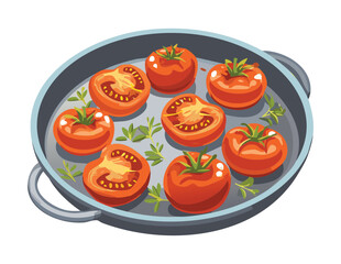 Fresh Halved Tomatoes in a Pan - Vector Illustration