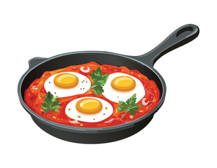 Pan of Shakshuka with Three Eggs - Vector Illustration