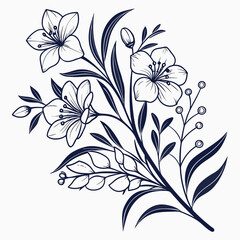 Elegant dark blue floral illustration with delicate petals and leaves on a white background
