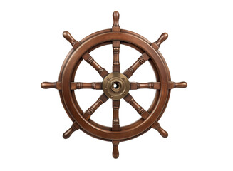 Wooden ship's wheel isolated on a transparent background in PNG format.