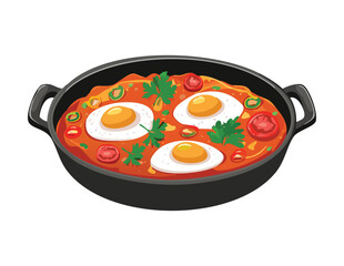 Pan of Shakshuka Dish with Eggs - Vector Illustration