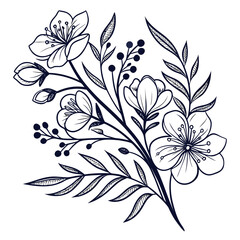 Elegant hand drawn floral arrangement with delicate blossoms and leaves in dark blue outline