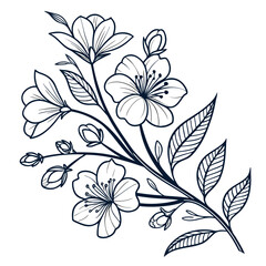 Elegant line art drawing of a blooming cherry blossom branch with leaves and buds
