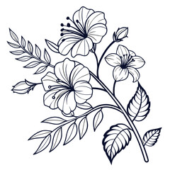 Elegant line art drawing of a flowering branch with delicate petals and leaves