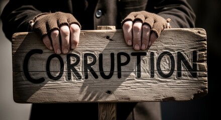 Silent Protest Against Corruption - A person in fingerless gloves holds a rustic wooden sign reading "Corruption," symbolizing secrecy, injustice, societal ills, silent suffering, and the need for