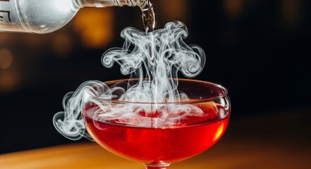 Smoky Red Cocktail Pour - A close-up shot of a red cocktail being poured, with smoky vapor rising from the glass