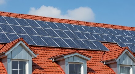 Solar Panels on Red Tile Roof - Residential home with solar panels installed on a red tile roof. Clean energy, sustainable living