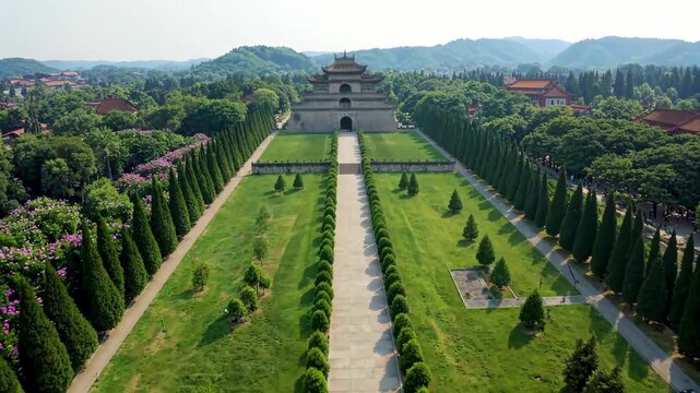 Aerial panoramic view of ancient architectural scenic spots Aerial view of Ming Xiaoling Shinto