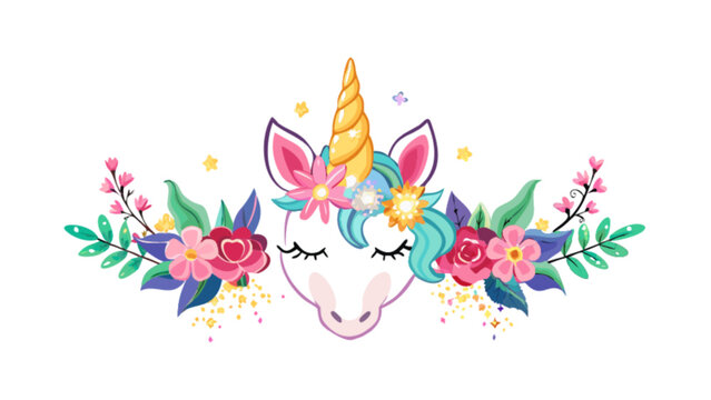 Illustration of a unicorn head with a golden horn and floral decorations in a whimsical style - Powered by Adobe