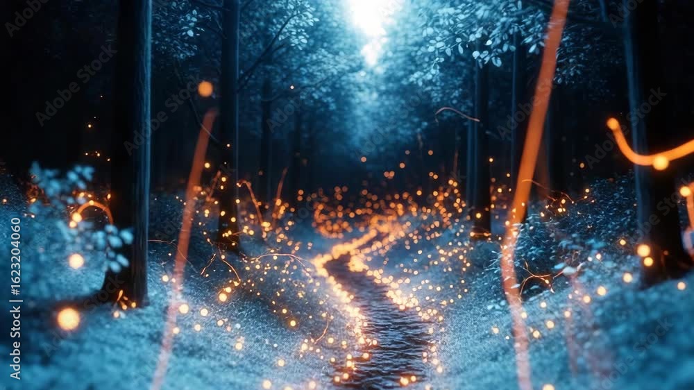 Poster enchanted forest pathway illuminated by glowing orbs surrounded by lush trees and a mystical atmosph