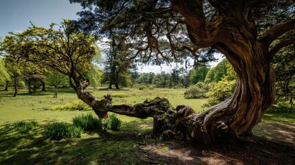 Twisting Yew: A Majestic Bending Tree in the Lush New Forest During Spring