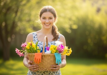 Spring Cleaning and Gardening Joy - A young woman's radiant smile embodies springtime renewal, carrying a basket filled with vibrant flowers and cleaning supplies, symbolizing fresh starts, growth,