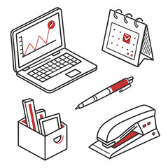 Isometric illustration of office supplies including a laptop with a graph calendar pen and stapler