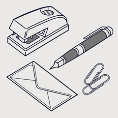 Isometric illustration of office supplies including a stapler pen envelope and paper clips on a light background