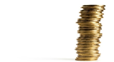 Stack of Gold Coins on White Background - A tall stack of shiny gold coins stands upright against a bright white background. Perfect for financial concepts