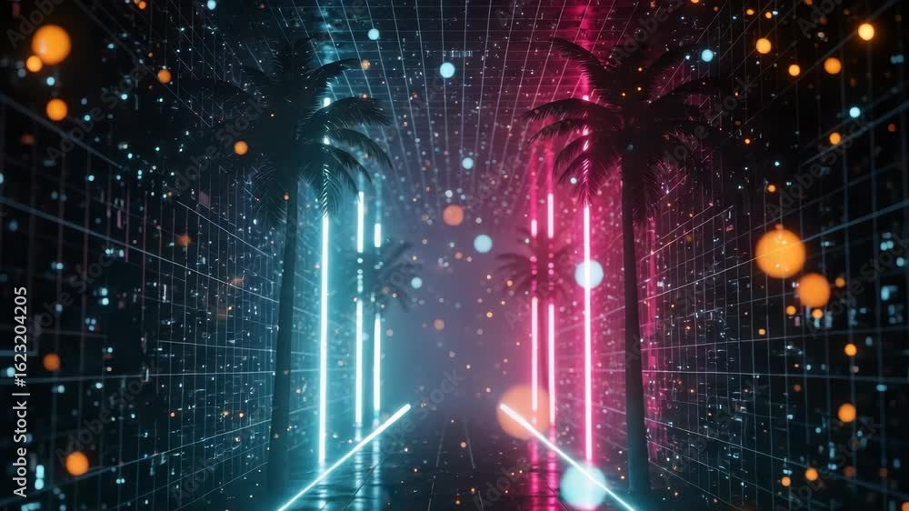 Poster a vibrant digital landscape featuring illuminated palm trees flanking a futuristic pathway with colo