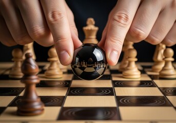 Strategic Sphere on Chessboard - A hand places a reflective black sphere on a chessboard, symbolizing strategy, planning, reflection, decision-making, and the future