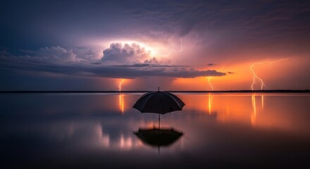 Stormy Sunset Umbrella Reflection - A lone umbrella floats on tranquil water, reflecting a dramatic sunset with vibrant lightning strikes.