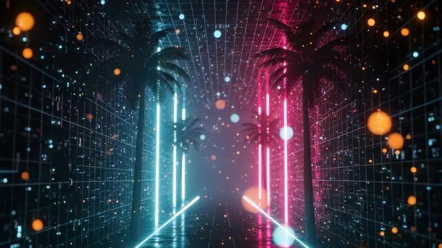 A vibrant digital landscape featuring illuminated palm trees flanking a futuristic pathway with colorful lights and particles creating a mesmerizing atmosphere ideal for tech-themed visuals