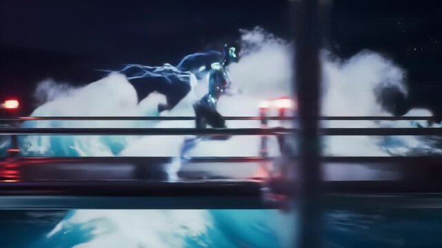 Futuristic runner strides across a bridge against a surreal ocean backdrop with digital lightning and stars at night, captured in blue and white tones and water reflection.
