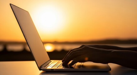 Sunset Laptop Work - Silhouette of hands typing on a laptop at sunset, symbolizing work-life balance, remote work, freedom, productivity, and tranquility