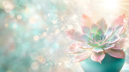 Pastel Succulent in Teal Pot Magical Bokeh Background