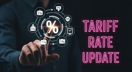 Tariff Rate Update Announcement - Hand interacting with a interface showing a percentage symbol and the words "Tariff Rate Update"
