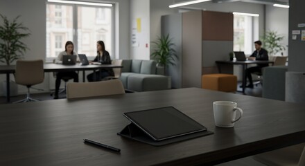 明るい開放的オフィス空間で、穏やかに仕事をする人々。落ち着いた雰囲気漂う共有スペース。