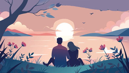 Couple sitting on grass, gazing at a vibrant sunset with warm colors illuminating the sky..eps