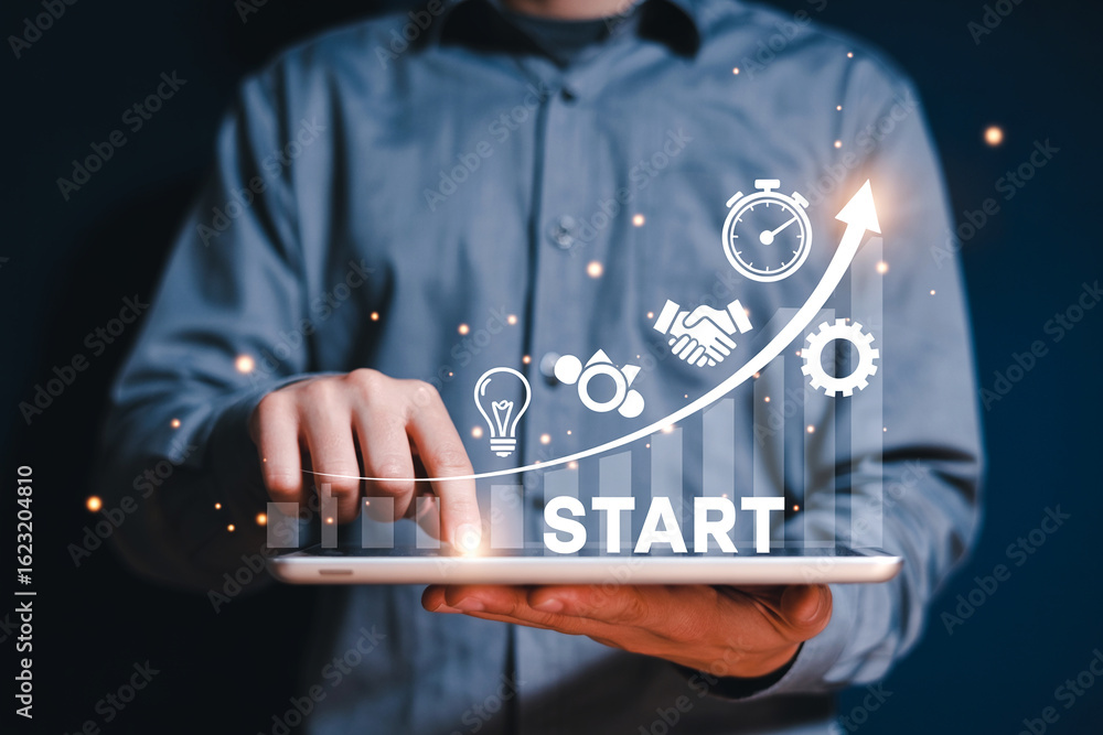 Poster digital startup business growth and development concept represented by icons on a tablet with a risi
