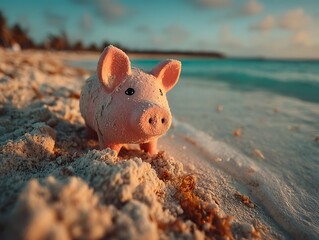 Piggy Bank on Beach Shore Dreaming of Vacation with Savings, and Financial Freedom.