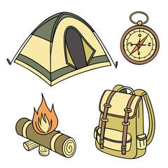 Set of camping essentials including a tent backpack compass and campfire with logs