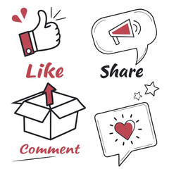 Social media icons for engagement featuring like share comment and notification with a thumbs up and heart