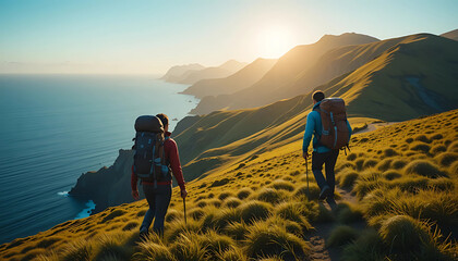 Coastal Hiking Adventure: Couple Backpacking on Scenic Cliffs at Golden Hour, Ideal for Travel, Outdoor, and Healthy Lifestyle Concepts