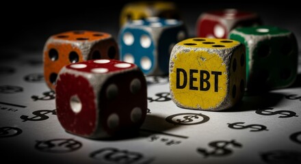 The Gamble of Debt - Weathered dice, one marked "DEBT", symbolize financial risk, uncertainty, chance, and consequences in a game of finance