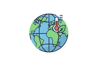 Global warming and climate change concept icon. Planet Earth with a high-temperature thermometer and a leaf symbolizing ecological issues.